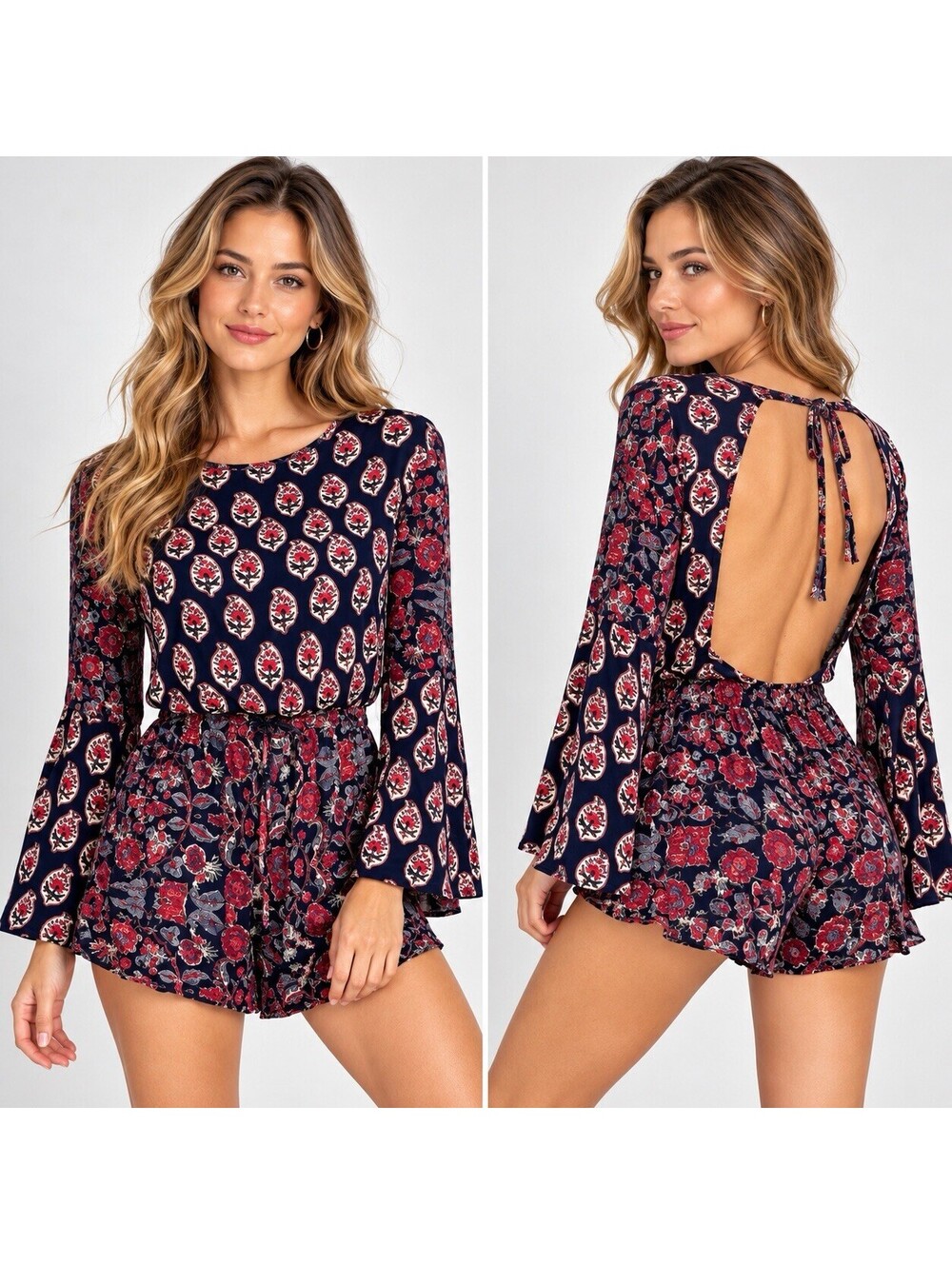 Raga Romper Women S Navy Floral Open Back Bell Sleeve Boho Festival 100% Viscose